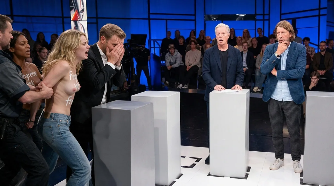 De to aktivister stående ved siden af Hummelgaard ved Debatten-bordet med teksten «Fingrene væk fra BitKeltTrade» synlig på kroppen