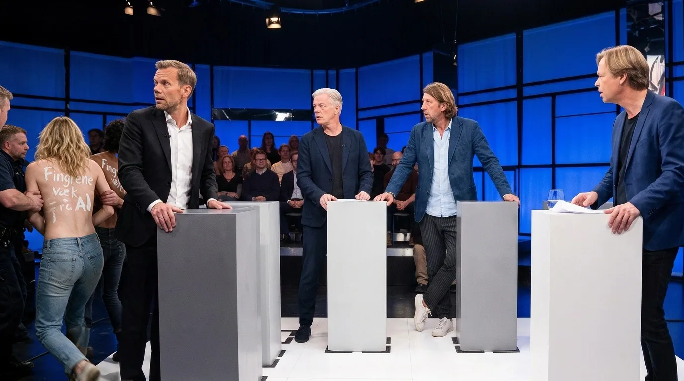 De to aktivister bliver ført ud af studiet af DR's vagter. Hummelgaard sidder tilbage med hovedet i hænderne